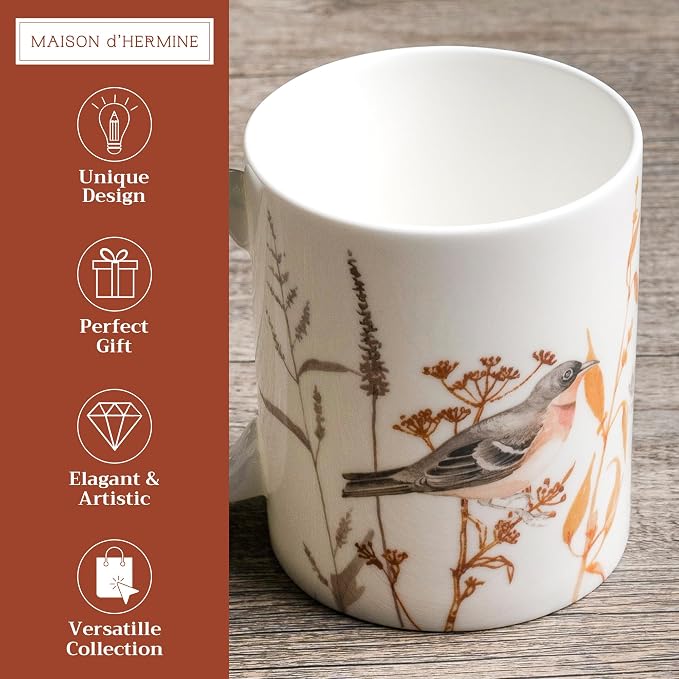 Maison d' Hermine Coffee Mug with Handles Tea Cups (15 Ounce, Pack of 1) | Fine Bone China Coffee Mugs for Hot Beverages Cappuccino Latte Home Spring Summer -Meadow Florals - Beige - Meadow Sunrise