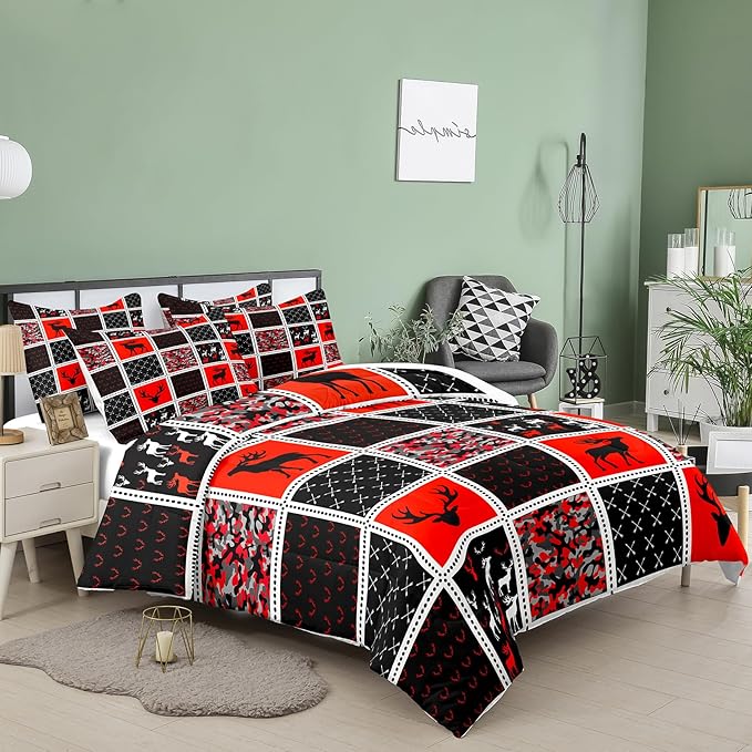 Tailor Shop Deer Comforter Sets for Kids Boys Teens Camo Comforter Sets Queen Black and Black Red Bedding Set Room Decor, with 2 Pillowcase