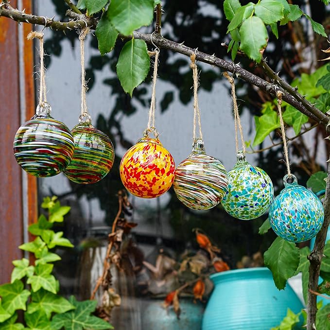 6 Pcs Blown Glass Ornaments Balls, 2.3inch Hand Blown Glass Christmas Ornaments for Tree, Hanging Gazing Ball Friendship Ball Witch Balls for Window Garden Home Decor for Women