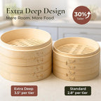 Bamboo Steamer Basket 10 Inch, Extra Deep Dumpling Steamer Set | Incl. Silicone Liners & Steel Ring, Steam Basket For Pot & Wok. Vegetable & Food Steamer For Dim Sum, Bao Buns