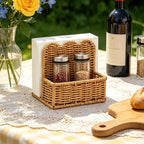 Plastic Rattan Scalloped Perimeter Napkin Holder for Table, Salt and Pepper Shakers Holder - Countertop Organizer for Rustic Room Decor (Without Salt, Pepper Shakers & Napkins) (Subdued Brown)