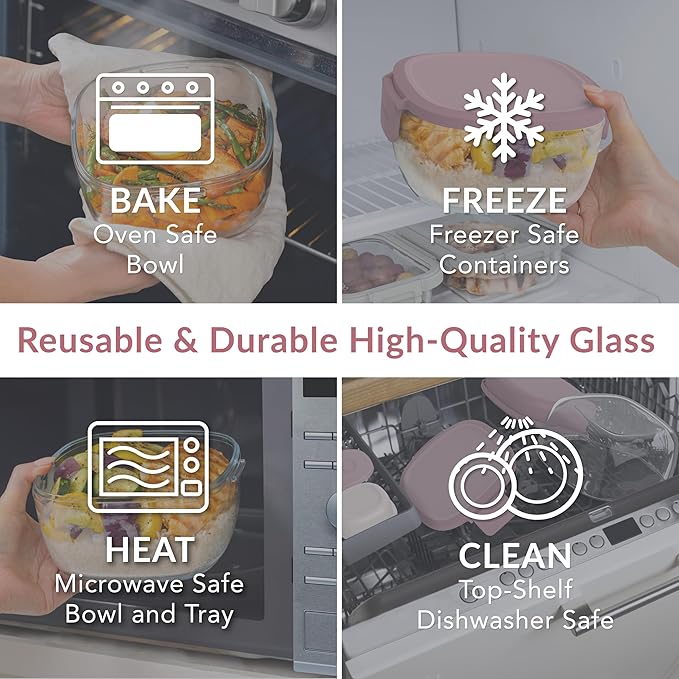 Bentgo Glass All-in-One Salad Container - Large 61-oz Salad Bowl with Lid, 4-Compartment Bento-Style Tray, 3-oz Sauce Container, and Reusable Fork - Dishwasher, Microwave, and Oven Safe (Rose)