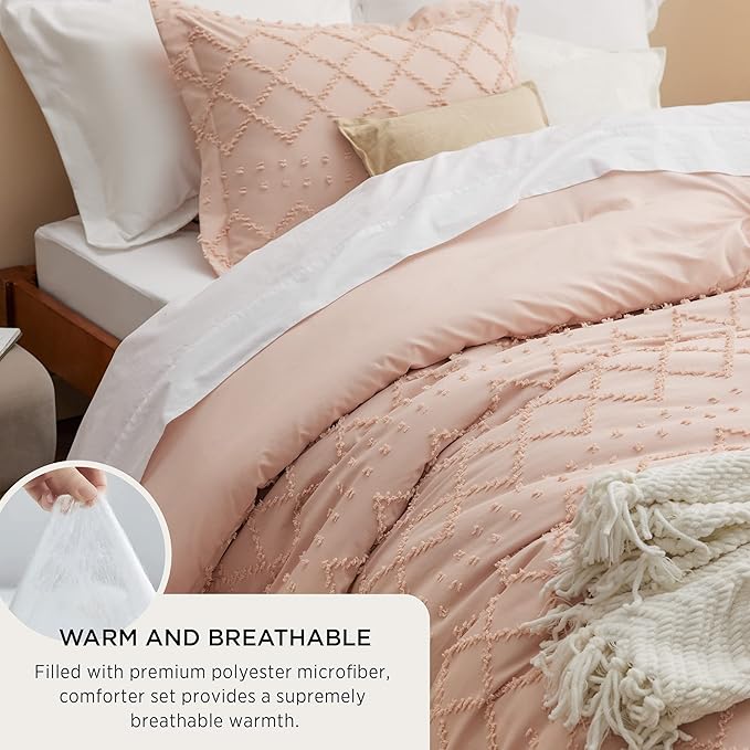 Bedsure California King Comforter Set - Coral Pink Boho Tufted Shabby Chic Bedding Comforter Set, 3 Pieces Vintage Farmhouse Bed Set for All Seasons, Fluffy Soft Bedding Set with 2 Pillow Shams