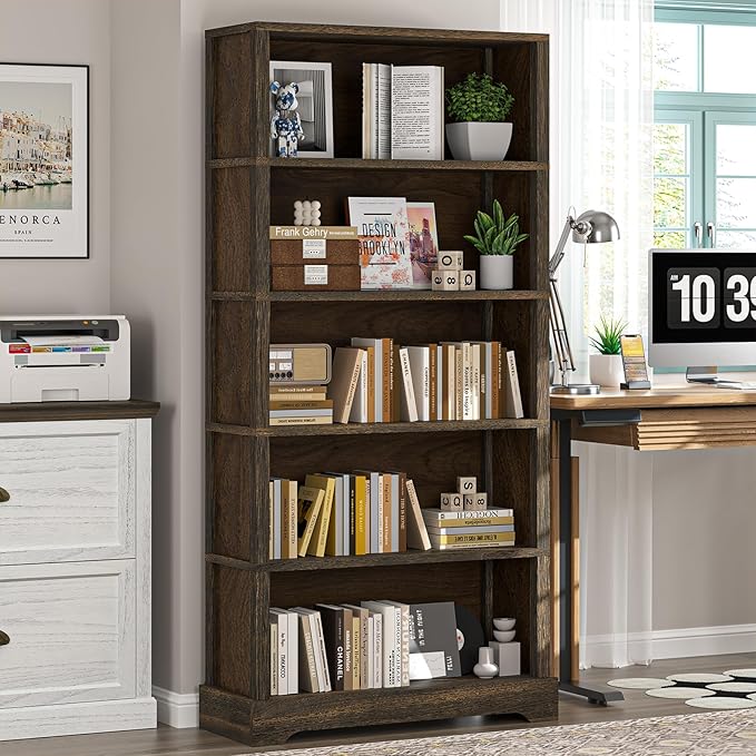 TVU 5-Shelf Wood Bookcase, 65 Inch Tall Bookshelf with Storage, Floor Standing Display Book Shelf, for Living Room Bedroom Study Office, Rustic Brown