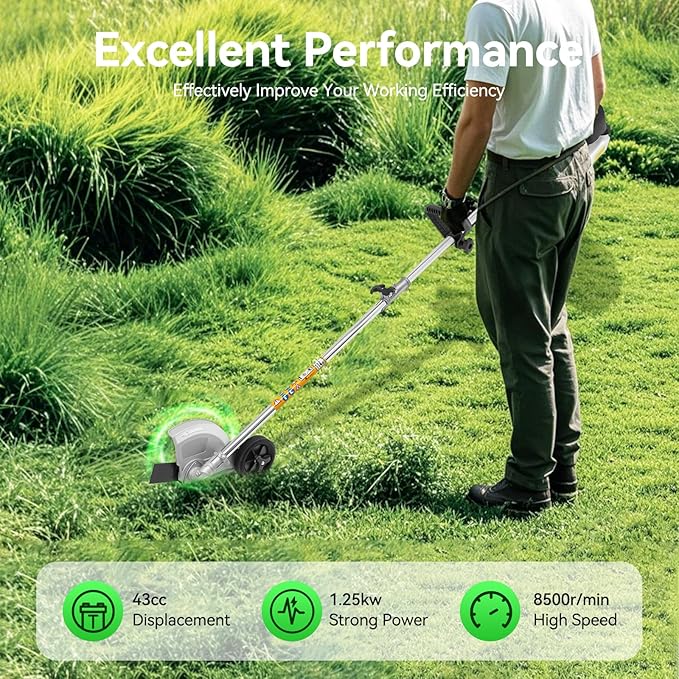 Gas Weed Eater, 43CC 2-Stroke Engine Weed Trimmer Brush Cutter Lawn Edge 8500RPM Air-Cooled Multi Functional Gas Powered String Trimmer for Agriculture Forestry & Landscaping