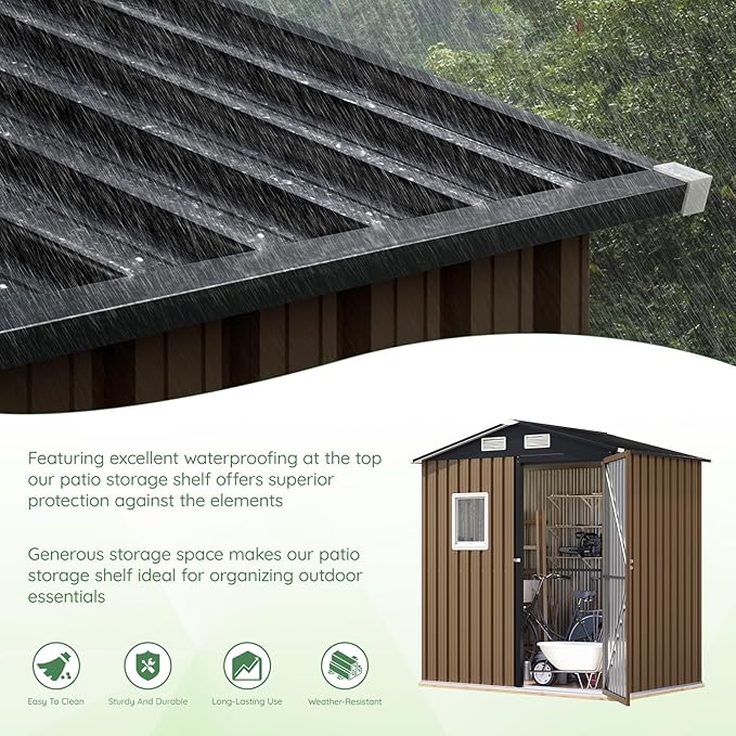 6X4FT Outdoor Steel Storage Shed with Lockable Doors, One Window,Ideal for Garden, Backyard, Patio Storage,Brown