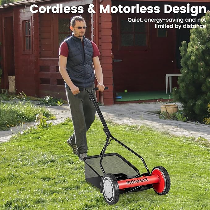 Goplus Manual Lawn Mower, 14 Inch 5-Blade Walk-Behind Cordless Grass Cutter with 7 Gallon Removable Grass Collect Bag, Adjustable Cutting Heights, Push Reel Lawn Mower for Yard, Garden