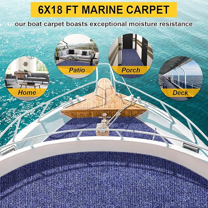Marine Carpet,6 FT x 18 FT Deep Blue Indoor Outdoor Carpet 0.2" Thick Boat Carpet with Water-Proof TPE Backing, Non-Slide Outdoor Marine Carpet Roll for Home, Patio, Porch, Deck