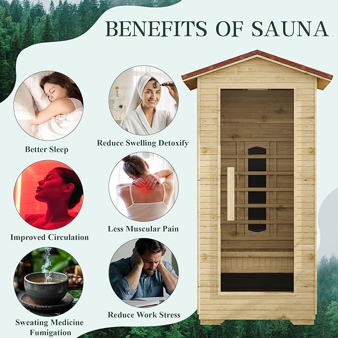 1 Person Outdoor Infrared Sauna - 3D Fast Heating Home Spa Sauna w/Chromotherapy Light, Wooden Sauna Room Kit w/Bluetooth Speaker (CE Certified,110V)