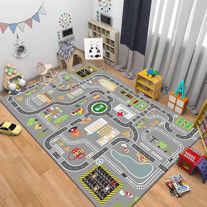 Kids Rug Play Mat Great for Playing with Cars and Toys,Educational Kid Road and Traffic City Life Carpet,Children Baby Fun Throw Rug for Bedroom Play Room,55X79Inch/140X200CM