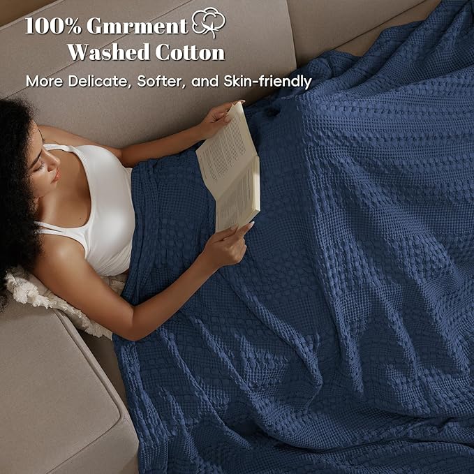 PHF 100% Cotton Waffle Weave Blanket Twin Size, Soft Lightweight Breathable Cozy Summer Blankets for Bed, Luxury Aesthetic Woven Bedding for Home Decor, 66"x90", Bright Navy Blue