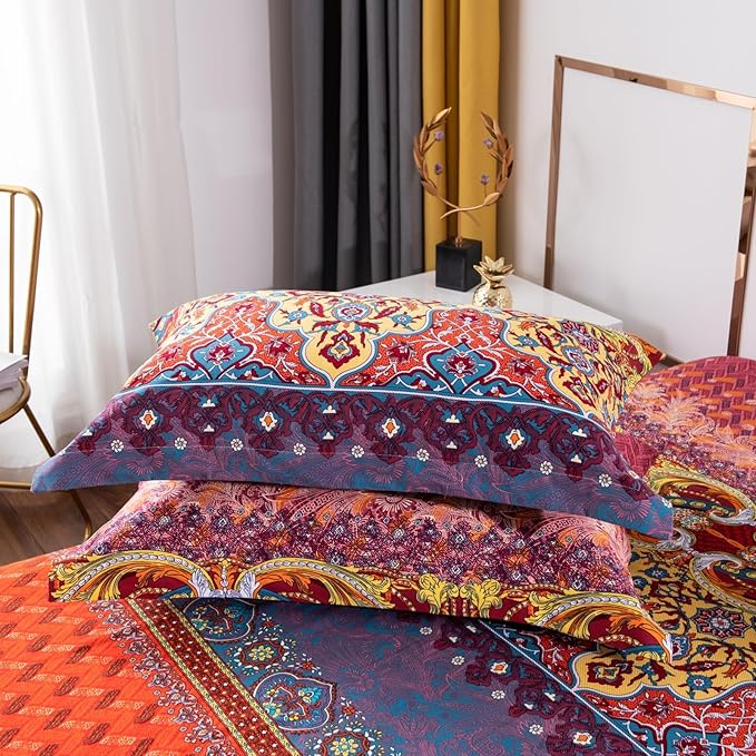 ABREEZE Bohemian Duvet Cover Set Colorful Orange Boho Retro Bedding Set Damask Paisley Cotton Duvet Cover Tribal Reversible Bedding Exotic Style Comforter Cover 3-Piece Twin