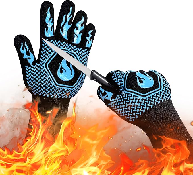 BBQ Fireproof Gloves, Grill Cut-Resistant Gloves 1472°F Heat Resistant Gloves, Non-Slip Silicone Oven Gloves, Kitchen Safe Cooking Gloves for Oven Mitts,Barbecue,Cooking, Frying,13.5 Inch-Sky Blue