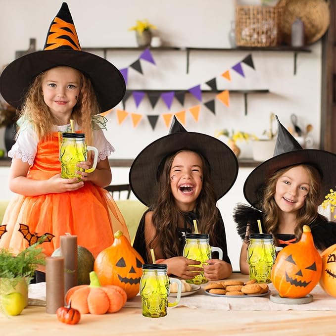 Halloween Cups Set of 4 - Yellow Skull Glass Drinking Jar with Lids and Straws - Halloween Decor, Drinking Glasses 16 oz