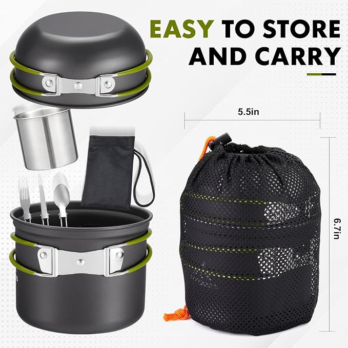 Camping Cookware Kit Backpacking, 0.33Gal Pots and 0.17Gal Pans Set,0.08Gal SUS304 Cup, Forks Knives Spoons for Hiking,Camping,Outdoor Cooking,Picnic,Solo Camping cookware