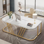 63 inches Executive Desk, Home Office Computer Desk, Modern Large Conference Table with Gold Metal Frame, Bussiness Furniture for Work Writing
