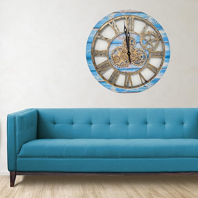The Gears Clock The Original Real Moving Gear Wall Clock Vintage Industrial Oversized Rustic Farmhouse (24 inch (60cm), Vintage Ocean Blue and Bronze)