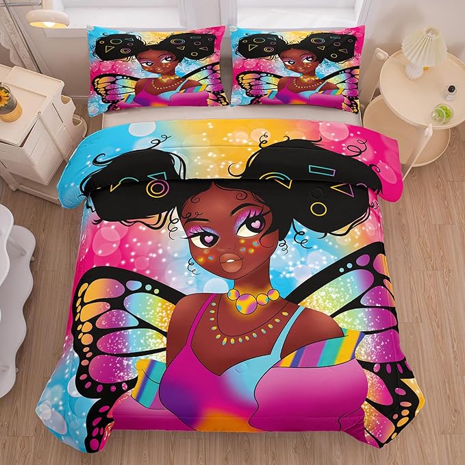 Tailor Shop Fantasy Black Girl Comforter Set Rainbow Butterfly Twin Size Bedding Sets for Girls Kids Kawaii Magic African American Black Girl Bedding Set with 1 Pillowcase Girls Room Decor