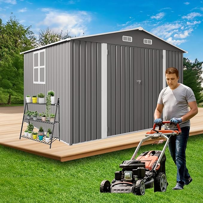 10x8 FT Outdoor Storage Shed with Window, Metal Sheds & Outdoor Storage with Lockable Door and 4 Vents, Outside Storage Shed Waterproof for Backyard, Garden, Patio, Gray
