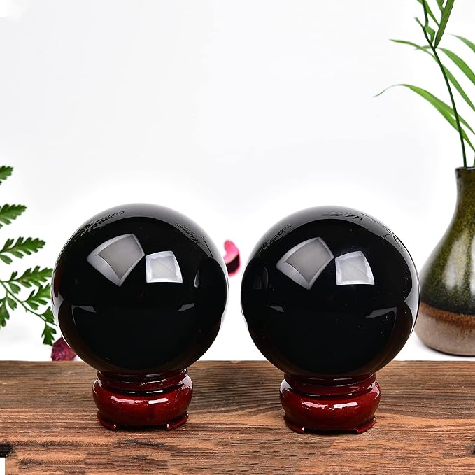 JIC Gem Small Black Crystal Ball - Obsidian Sphere with Wooden Stand for Feng Shui Healing, Meditation (70-80mm)