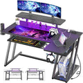 Gaming Desk with Shelves and Outlets, L Shaped Gaming Desk with LED Lights, Reversible L Shaped Computer Desk for Gamer, Carbon Fiber Black, 47"
