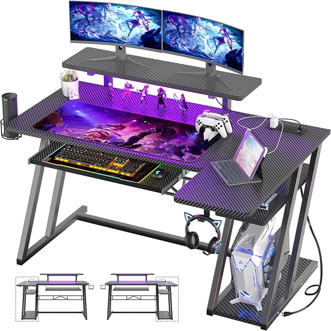 Gaming Desk with Shelves and Outlets, L Shaped Gaming Desk with LED Lights, Reversible L Shaped Computer Desk for Gamer, Carbon Fiber Black, 47"