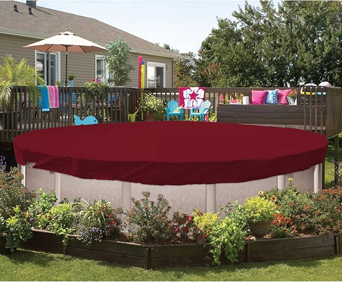 ECOOPTS 11 ft Waterproof Round Polyester Pool Cover for Above Ground Pools, Swimming Pool Cover Protector Winter Safety Cover (Red)