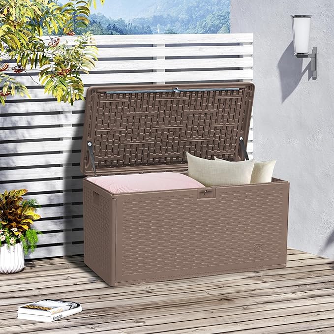 TARKARI Premium Pro Edition 73 Gallon Lockable Resin Deck Box, Waterproof & UV-Resistant Outdoor Storage Box for Outdoor Cushion Storage, Garden Tools & Pool Accessories Storage, Brown