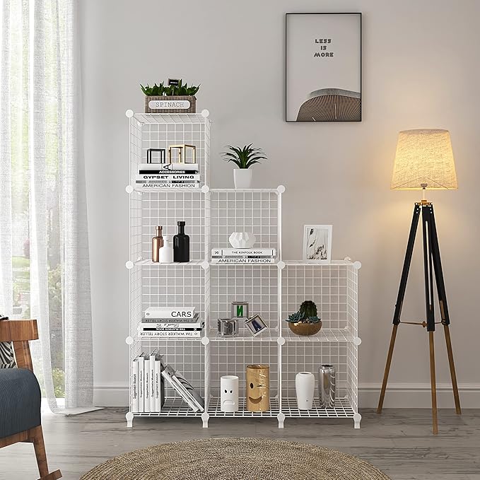 Wolizom Wire Cube Storage, Metal Grids Shelves Bookshelf, Stackable Modular Shelving Organizer, DIY Closet Bookcase Bookshelf, Grid Storage Shelf for Bedroom, Living Room, Office (White, 9 Cube)