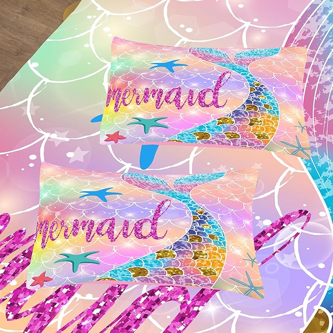 NINENINE Mermaid Comforter 5PCS Full Size Bedding Sets for Girls, Princess Comforter Sets for Girls, Glitter Bedding Set for Girls (1Comforter, 1Flat Sheet, 1Fitted Sheet, 2Pillowcases)