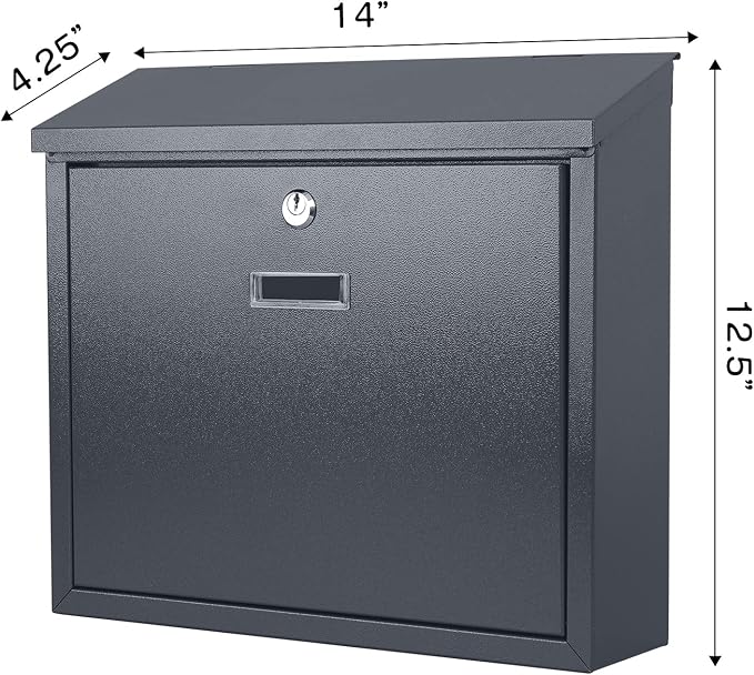 xydled Mail Boxes with Key Lock,Locking Mailbox Wall Mounted, Large Capacity, Galvanized Steel Cover Metal Postbox for House, 14 X 12.5 X 4.25 Inch, Grey