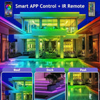500ft Outdoor LED Strip Lights Waterproof,IP68 Outside Led Light Strips Waterproof with App and Remote,Music Sync RGB Exterior Led Rope Lights with Self Adhesive Back for Deck,Balcony,Pool