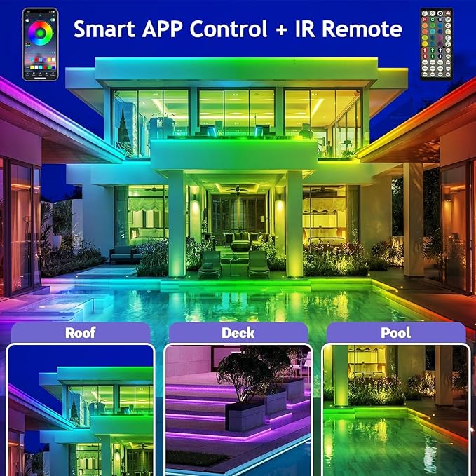 500ft Outdoor LED Strip Lights Waterproof,IP68 Outside Led Light Strips Waterproof with App and Remote,Music Sync RGB Exterior Led Rope Lights with Self Adhesive Back for Deck,Balcony,Pool