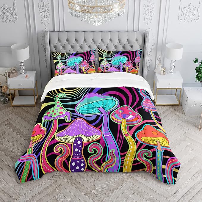 Colorful Mushroom Comforter Set Twin Size Kids 3D Mushroom Bedding Set Cute Hippy Theme Quilt Bed Set for Boys Girls Adults with 1 Comforter and 2 Pillowcases