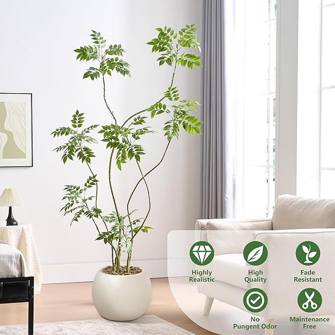 Artificial Mahonia Fortunei Tree 6ft,Tall Fake Plant Artificial Sumac Tree, Faux Plants Indoor Fake Plants Decor with Pots for Home Office Bathroom Bedroom Living Room Decorations Housewarming