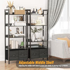 Furologee 5-Tier Bookshelf, Tall Bookcase with 2 Storage Drawers, Industrial Display Standing Shelf Units, Wood and Metal Storage Shelf for Living Room, Bedroom, Home Office, Black Oak