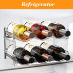 Plastic Stackable Wine Rack for Refrigerator, 2 Tier Large Capacity Water Bottle Organizer for Cabinet, Free-Standing Water Bottle Storage Rack for Fridge, Countertop, Pantry, Freezer, Hold 6 Bottles