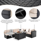 Pamapic 8 Pieces Patio Furniture Set Conversation Sofa with 42 Inch 50,000 BTU Auto-Ignition Outdoor Fire with Glass Wind Guard, Wicker Sofa (Black Wicker, Beige Cushions)