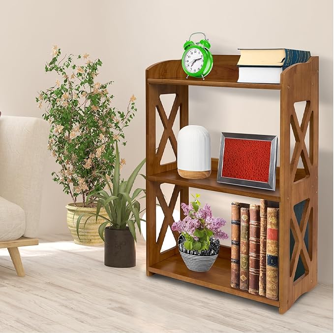 Side Table 3 Tier Bookshelf, Natural Wood Bookcase with Storage Shelf, Table Nightstand, Small Bookshelf, Open Bookcase, Display Rack for Office, Bedroom, Living Room and Kitchen (Brown)