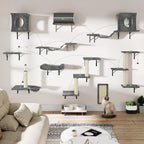 12-in-1 Cat Wall Shelves, Modern Wall-Mounted Cat Furniture, Wooden Climber Includes House, Bridge, Tree, Steps, and Scratcher, Space-Saving Cat Climbing Wall Systems, Dark Gray