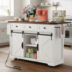 Farmhouse Kitchen Island on Wheels with Drop Leaf & Power Outlet, 53.7-Inch Rolling Storage Island Cart with Drawers, Sliding Barn Door Cabinets, Spice Rack (Retro White)