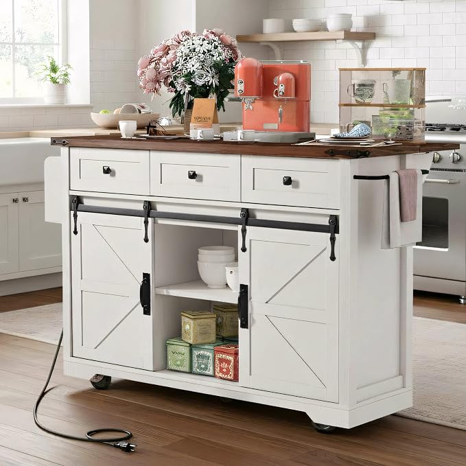 Farmhouse Kitchen Island on Wheels with Drop Leaf & Power Outlet, 53.7-Inch Rolling Storage Island Cart with Drawers, Sliding Barn Door Cabinets, Spice Rack (Retro White)