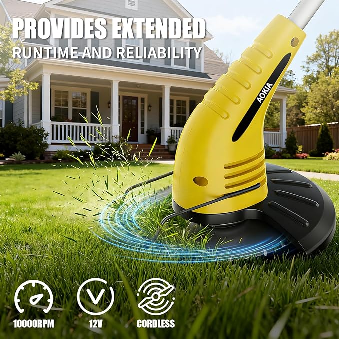 Aokia Electric Weed Wacker Cordless: Weed Trimmer Grass Cutter Lightweight,2.0Ah Battery Powered with Fast Charger, Lawn Mower Grass 2 Blade Types for Lawn, Garden, Yard, Yellow