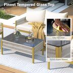 4-Piece Patio Conversation Furniture Set, Rope Weave Outdoor Loveseat Sofa with 2 Armchairs, Thick Cushion&Tempered Glass Table, for Garden Backyard, Onesize, Beige+Mustard Yellow