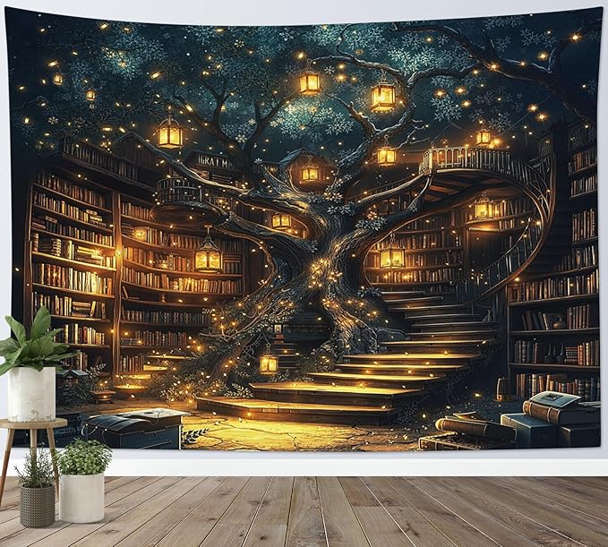 HVEST Fantasy Library Bookshelf Tapestry Wall Hanging Fairytale Tree Magic Bookshelf Tapestry Aesthetic Retro Vintage Tapestries for Bedroom Living Room Dorm, 51L x 59W Inches