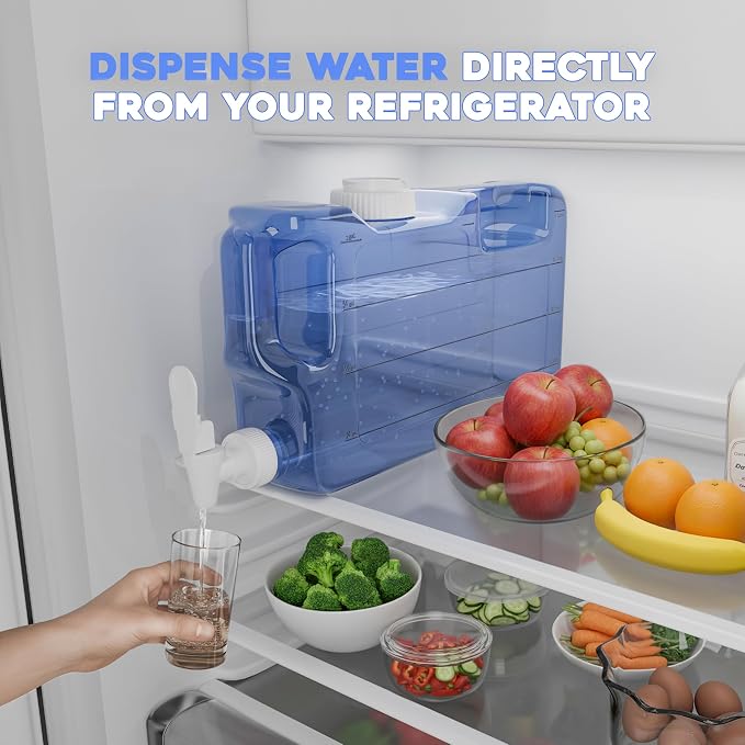 Refrigerator Water Dispenser 1.1 Gallon Bottle with Spigot - BPA Free Plastic Slim Water Jug with Spout Leak Proof | Refillable Fridge Water Container, Convenient Handles