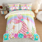 HOSIMA Mermaid Comforter with 2 Pillowcases,Girly Rainbow Bedding Set Glitter Pink Mermaid Tail Comforter Set,Flower Fairies Rose Gold Comforter Set,Floral Queen Comforter Set.
