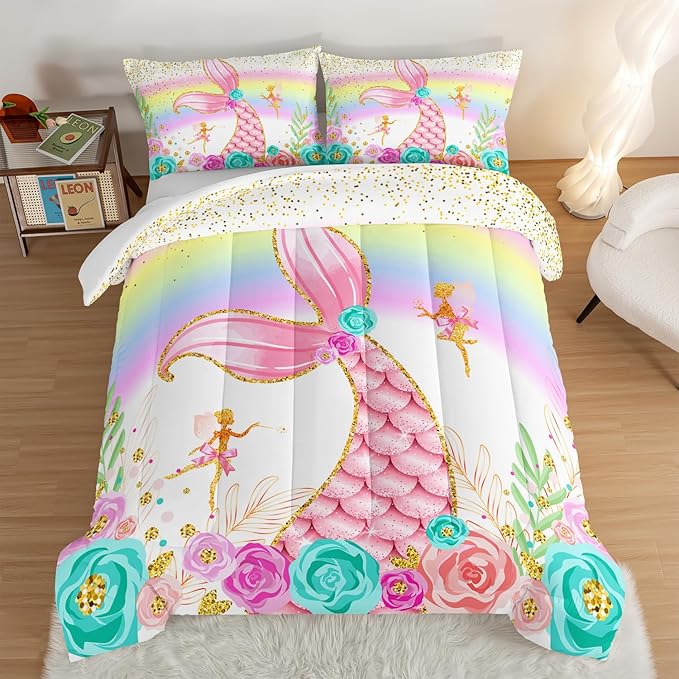 HOSIMA Mermaid Comforter with 2 Pillowcases,Girly Rainbow Bedding Set Glitter Pink Mermaid Tail Comforter Set,Flower Fairies Rose Gold Comforter Set,Floral Full Size Bed in a Bag Set.