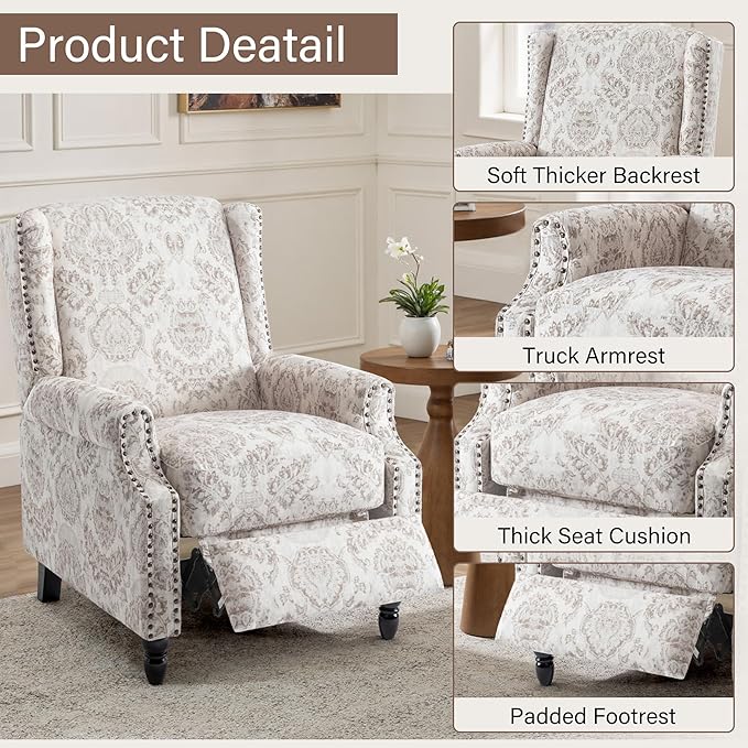 UIXE Recliner Chair, Fabric Upholstered Armchair Pushback Accent Chair for Living Room, Floral Rivet Trim Club Chair Home Theater Single Sofa Reading Seat - Beige Pattern