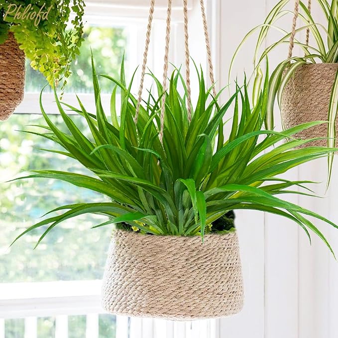 6Pcs Artificial Grass Fake Plants 17.3in 16 Leaves Outdoor Fake Grass UV Resistant Greenery Plastic Plants for Home Window Garden Office Patio Hanging Planter Pathway Front Porch Décor